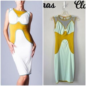 Nuvula Bodycon Colorblock Bamboo Pastel Blue Mustard Green Midi Dress Sz Medium